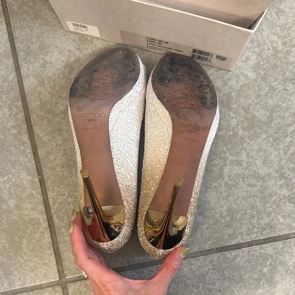 Jimmy Choo Gold/light honey and optic white Peep-Toe Heels ( Luna 100)